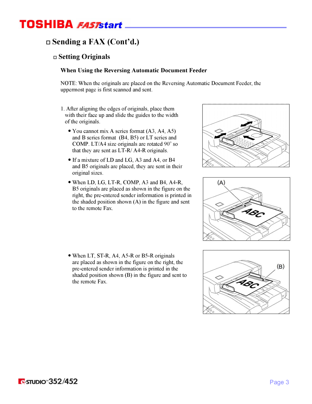 Toshiba 352/452 manual When Using the Reversing Automatic Document Feeder 