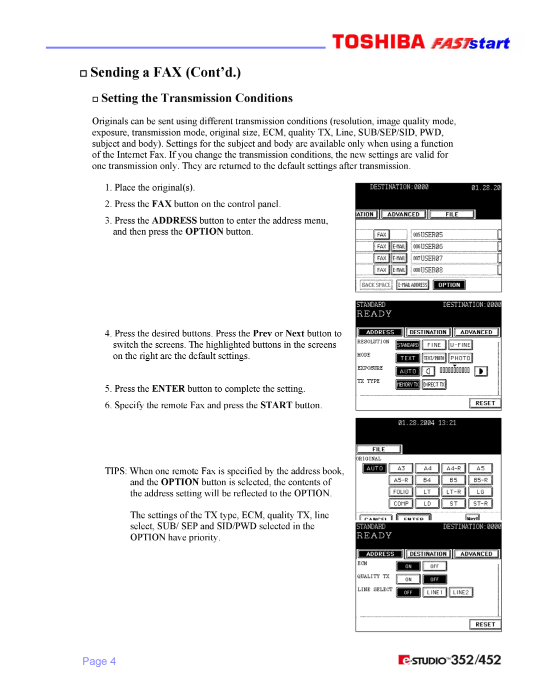 Toshiba 352/452 manual † Setting the Transmission Conditions 