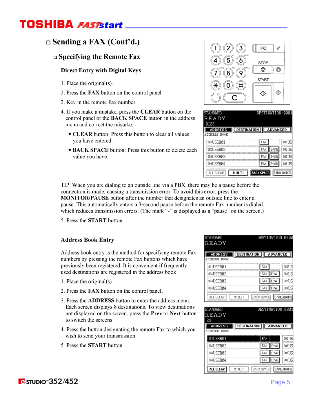 Toshiba 352/452 manual † Specifying the Remote Fax, Direct Entry with Digital Keys, Address Book Entry 