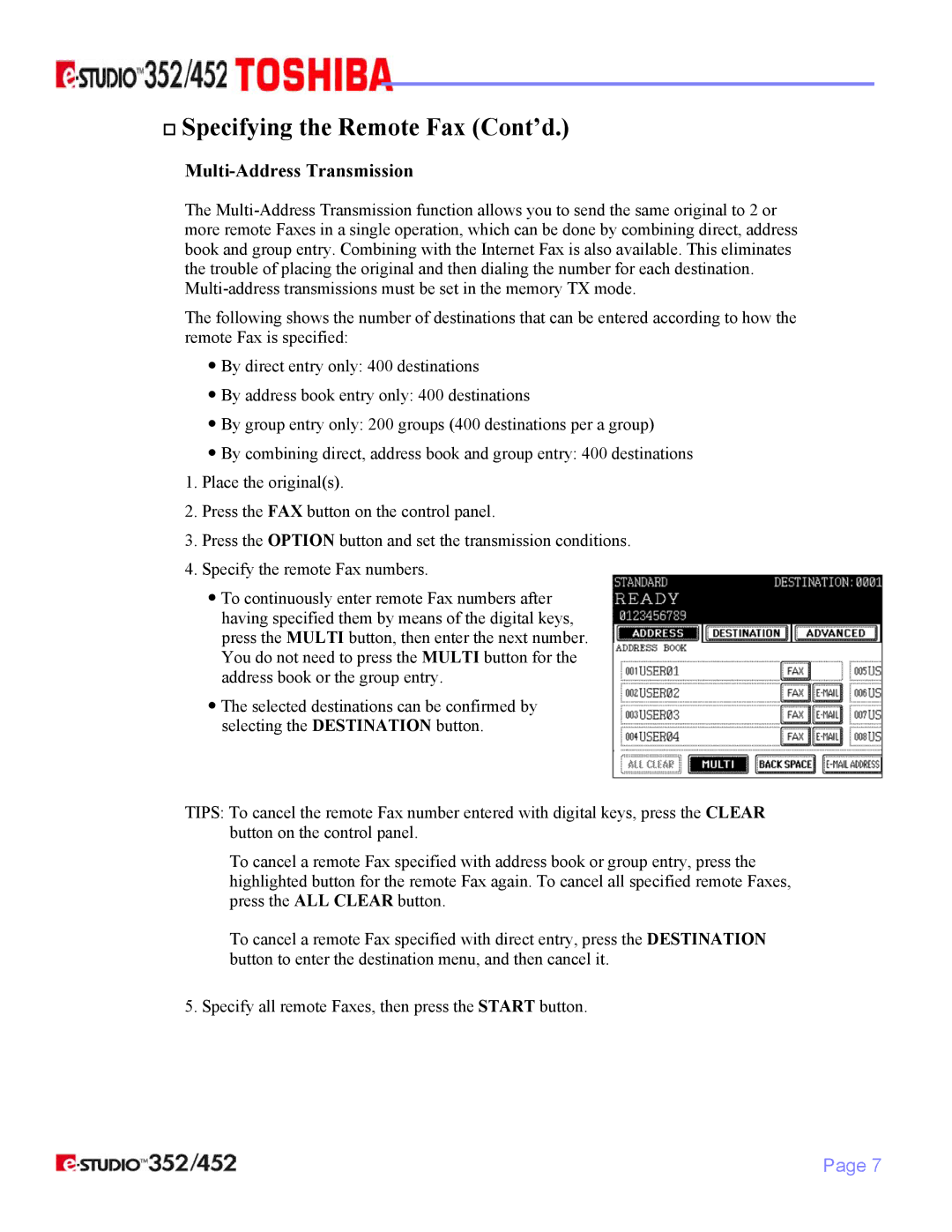 Toshiba 352/452 manual † Specifying the Remote Fax Cont’d, Multi-Address Transmission 