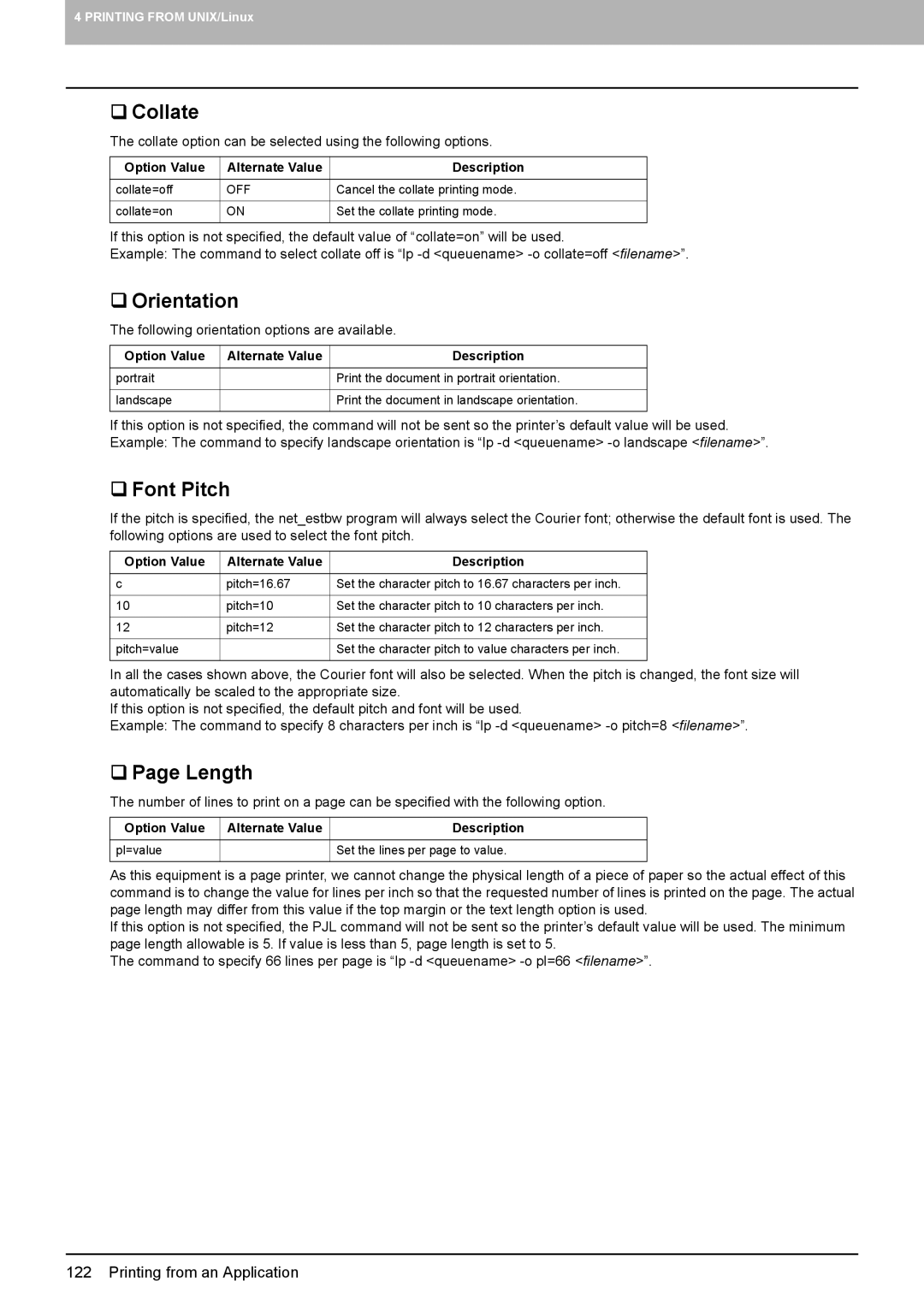 Toshiba 205L, 355, 455, 305, 255 manual ‰ Collate, ‰ Orientation, ‰ Font Pitch, ‰ Page Length 