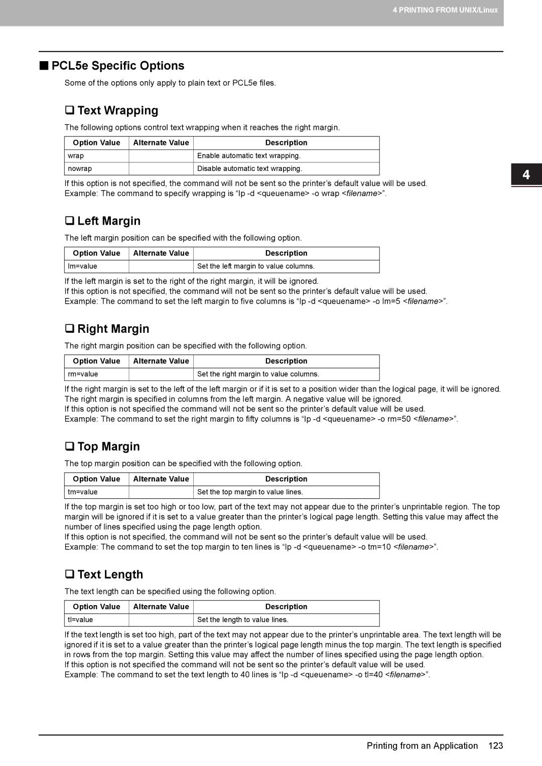 Toshiba 355, 455, 305 „ PCL5e Specific Options, ‰ Text Wrapping, ‰ Left Margin, ‰ Right Margin, ‰ Top Margin, ‰ Text Length 