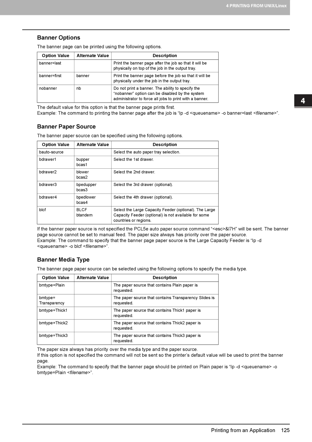 Toshiba 305, 355, 455, 255, 205L manual Banner Options, Banner Paper Source, Banner Media Type 