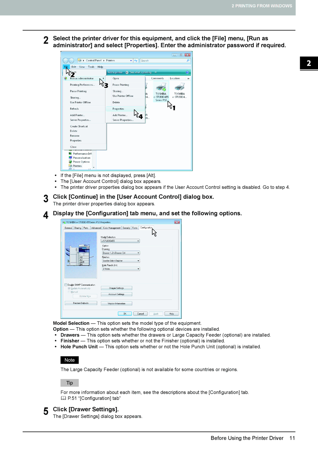 Toshiba 255, 355, 455, 305, 205L manual Click Drawer Settings 