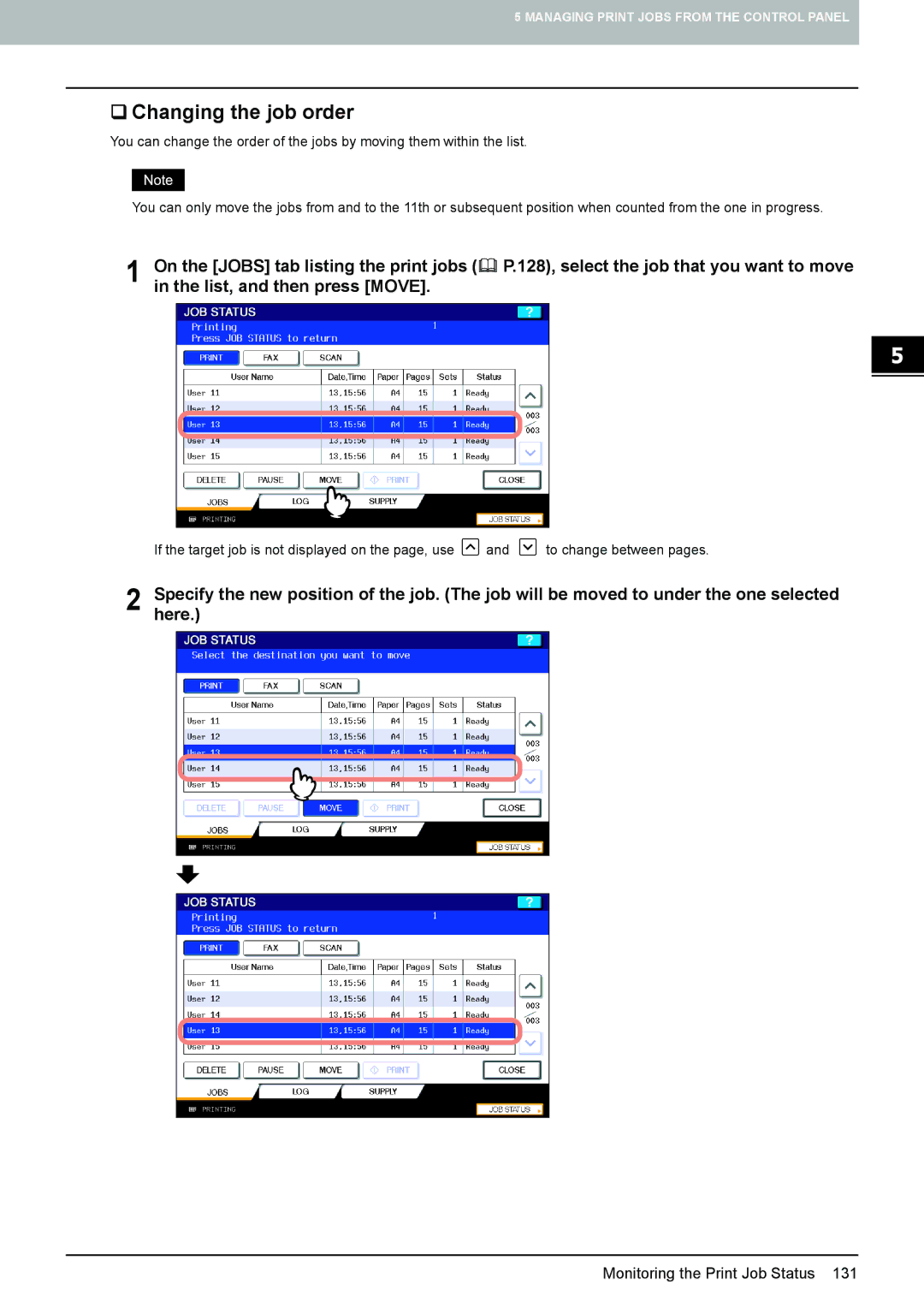 Toshiba 255, 355, 455, 305, 205L manual ‰ Changing the job order, List, and then press Move 