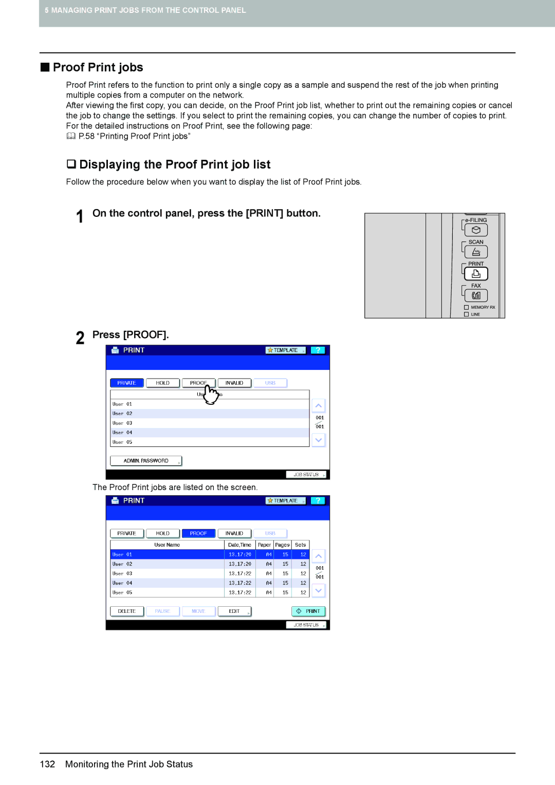 Toshiba 205L, 355, 455, 305, 255 manual „ Proof Print jobs, ‰ Displaying the Proof Print job list 