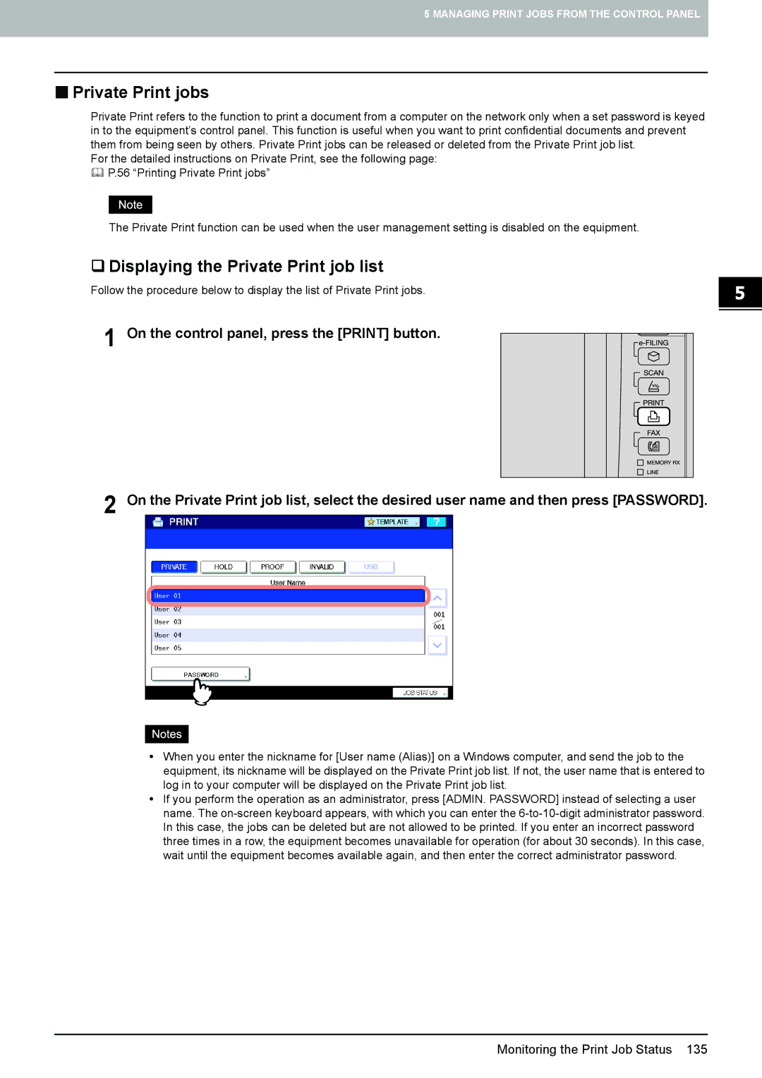 Toshiba 305, 355, 455, 255, 205L manual „ Private Print jobs, ‰ Displaying the Private Print job list 