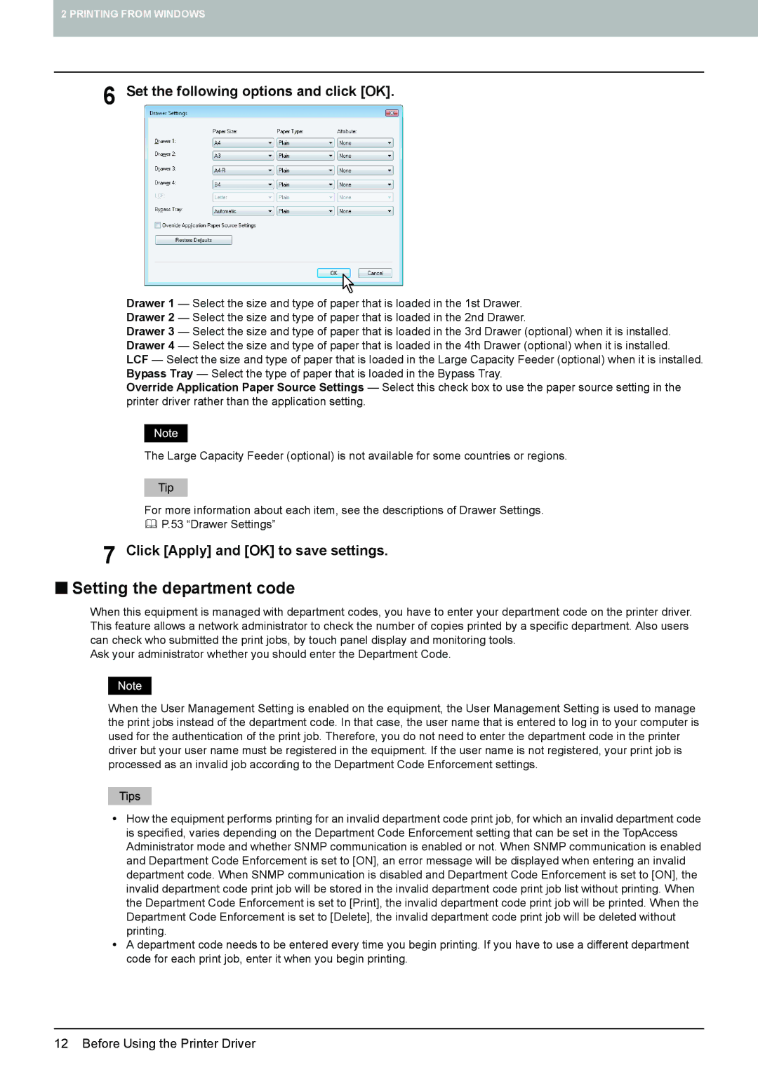 Toshiba 205L „ Setting the department code, Set the following options and click OK, Click Apply and OK to save settings 