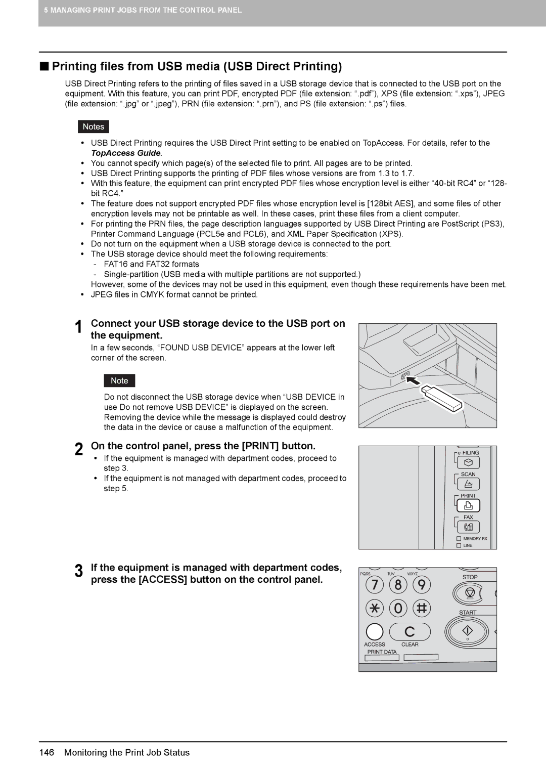 Toshiba 255, 355, 455, 305 „ Printing files from USB media USB Direct Printing, On the control panel, press the Print button 