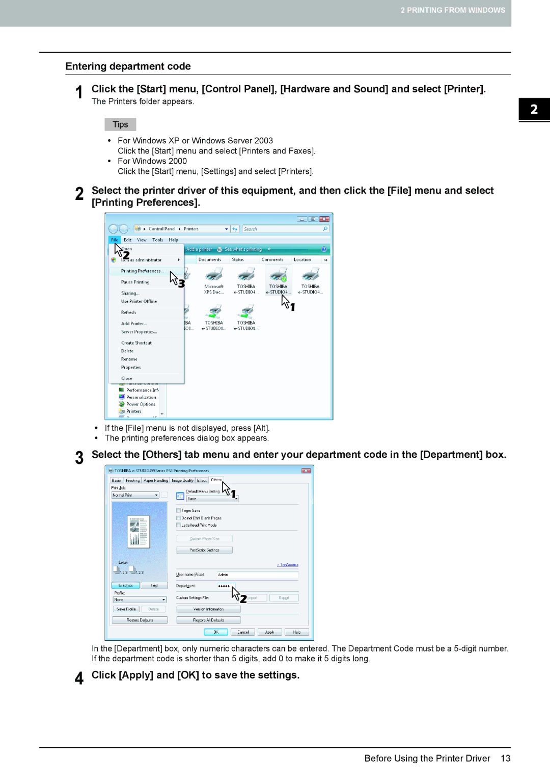 Toshiba 355, 455, 305, 255, 205L manual Entering department code, Click Apply and OK to save the settings 