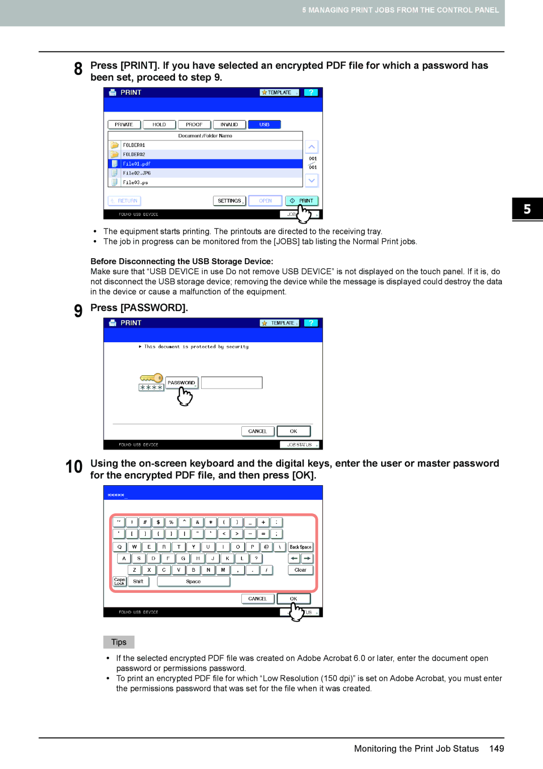 Toshiba 455, 355, 305, 255, 205L manual Press Password, Before Disconnecting the USB Storage Device 