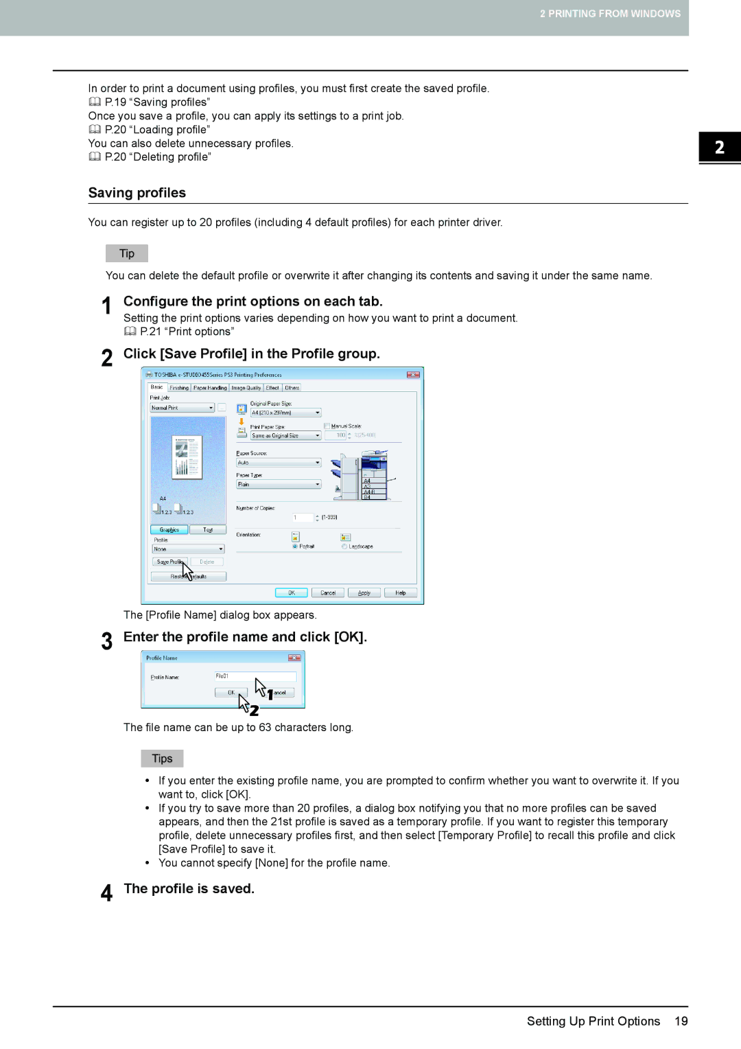 Toshiba 455, 355, 305, 255 Saving profiles, Configure the print options on each tab, Click Save Profile in the Profile group 