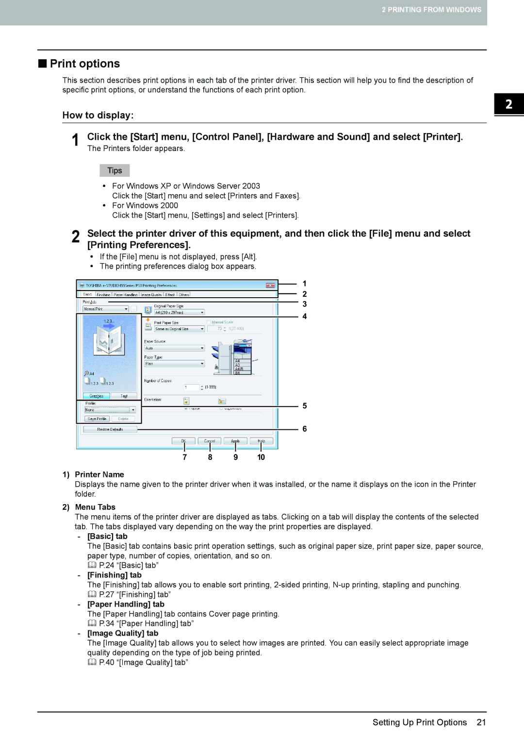 Toshiba 255, 355, 455, 305, 205L manual „ Print options, How to display 