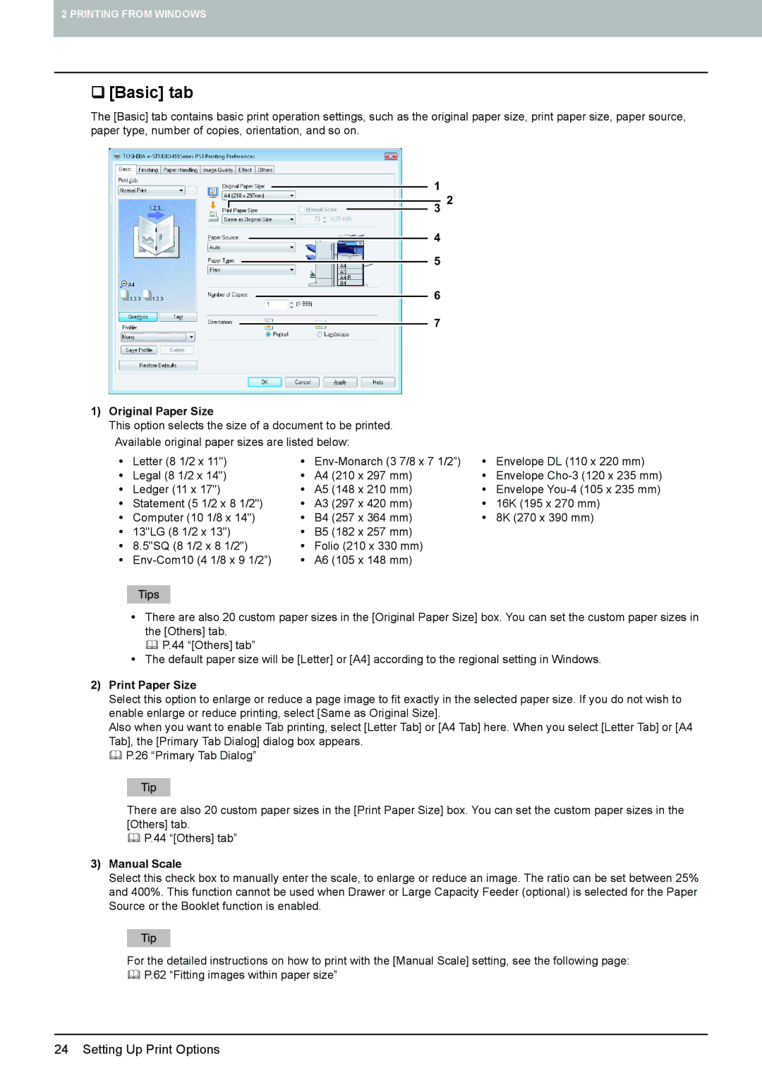 Toshiba 455, 355, 305, 255, 205L manual ‰ Basic tab, Original Paper Size, Print Paper Size, Manual Scale 