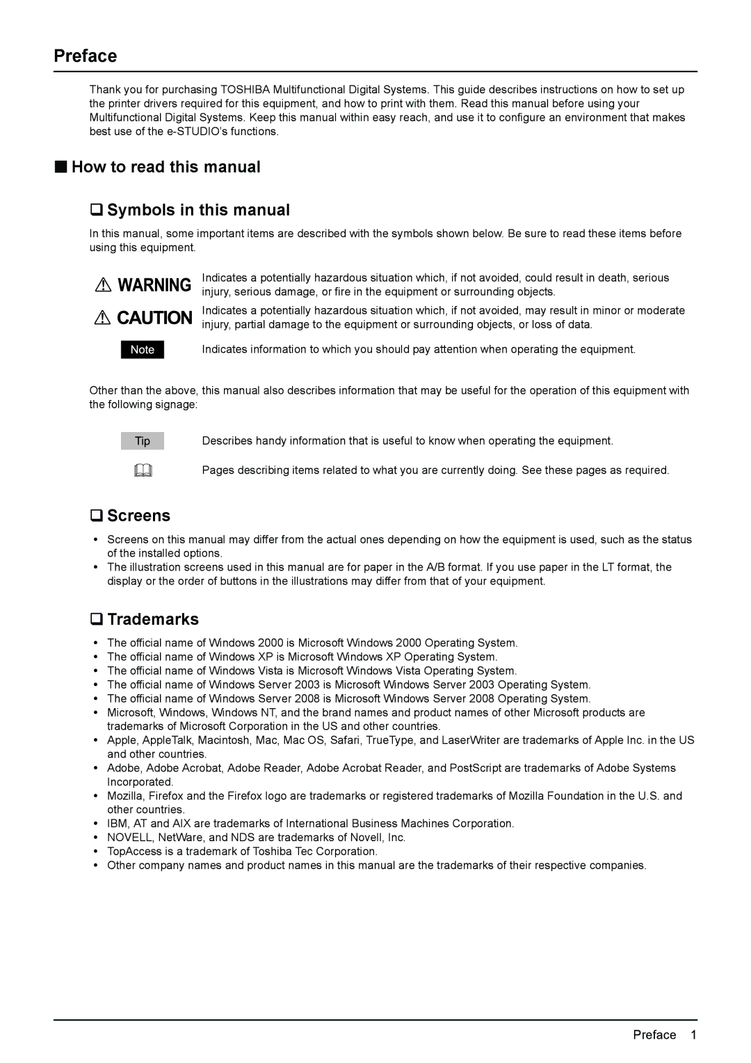 Toshiba 255, 355, 455, 305, 205L Preface, „ How to read this manual ‰ Symbols in this manual, ‰ Screens, ‰ Trademarks 