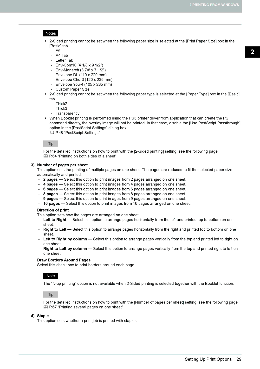 Toshiba 455, 355, 305, 255, 205L manual Number of pages per sheet, Direction of print, Draw Borders Around Pages, Staple 