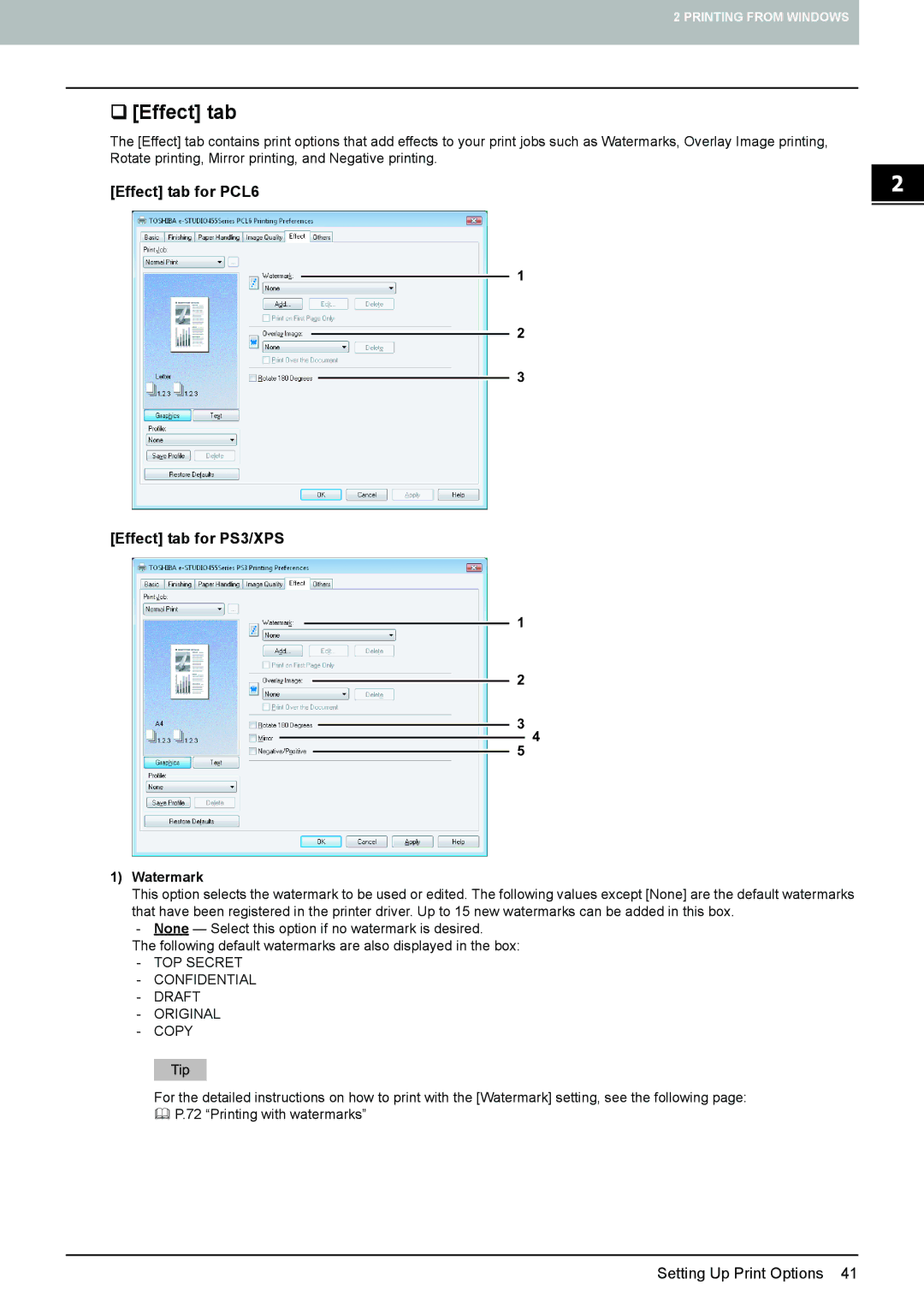 Toshiba 255, 355, 455, 305, 205L manual ‰ Effect tab, Watermark 