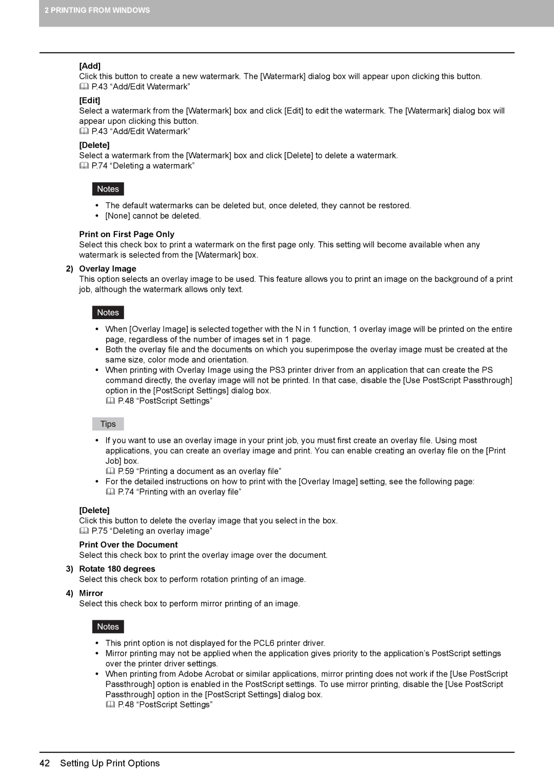 Toshiba 205L, 355 Add, Edit, Delete, Print on First Page Only, Overlay Image, Print Over the Document, Rotate 180 degrees 