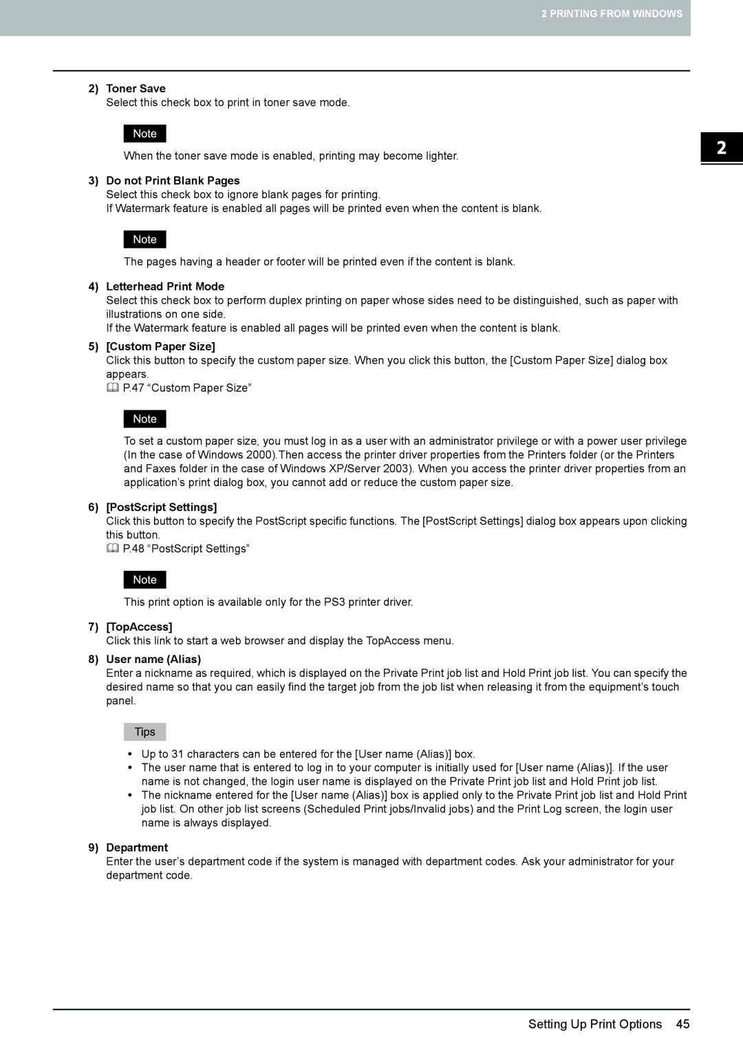 Toshiba 305 Toner Save, Do not Print Blank Pages, Letterhead Print Mode, Custom Paper Size, PostScript Settings, TopAccess 