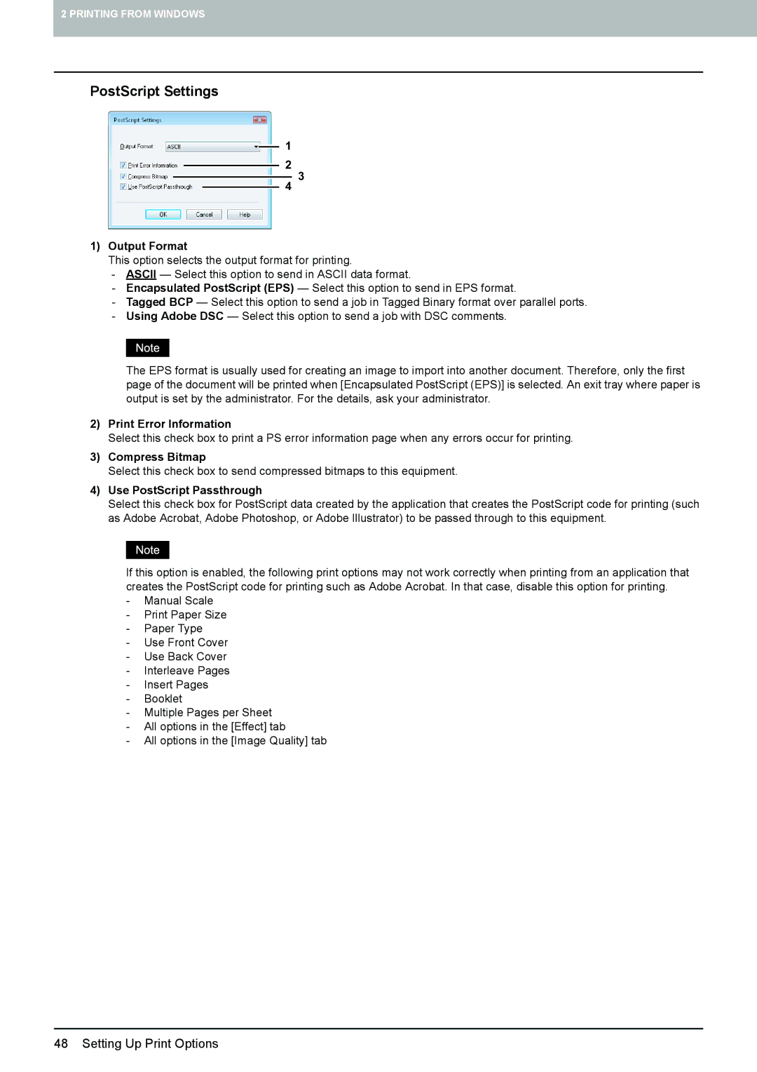 Toshiba 355, 455 PostScript Settings, Output Format, Print Error Information, Compress Bitmap, Use PostScript Passthrough 