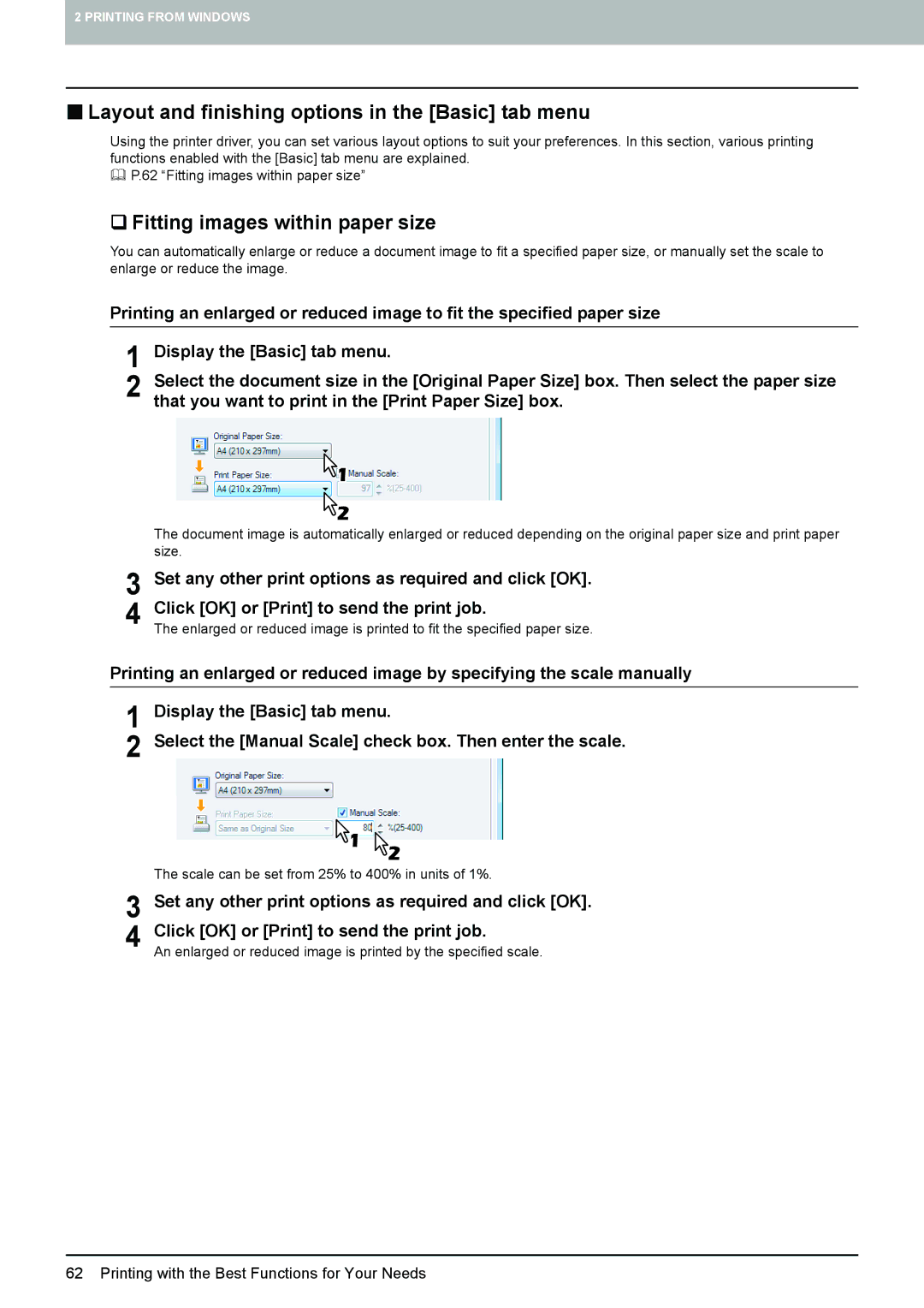 Toshiba 205L, 355, 455, 305, 255 „ Layout and finishing options in the Basic tab menu, ‰ Fitting images within paper size 