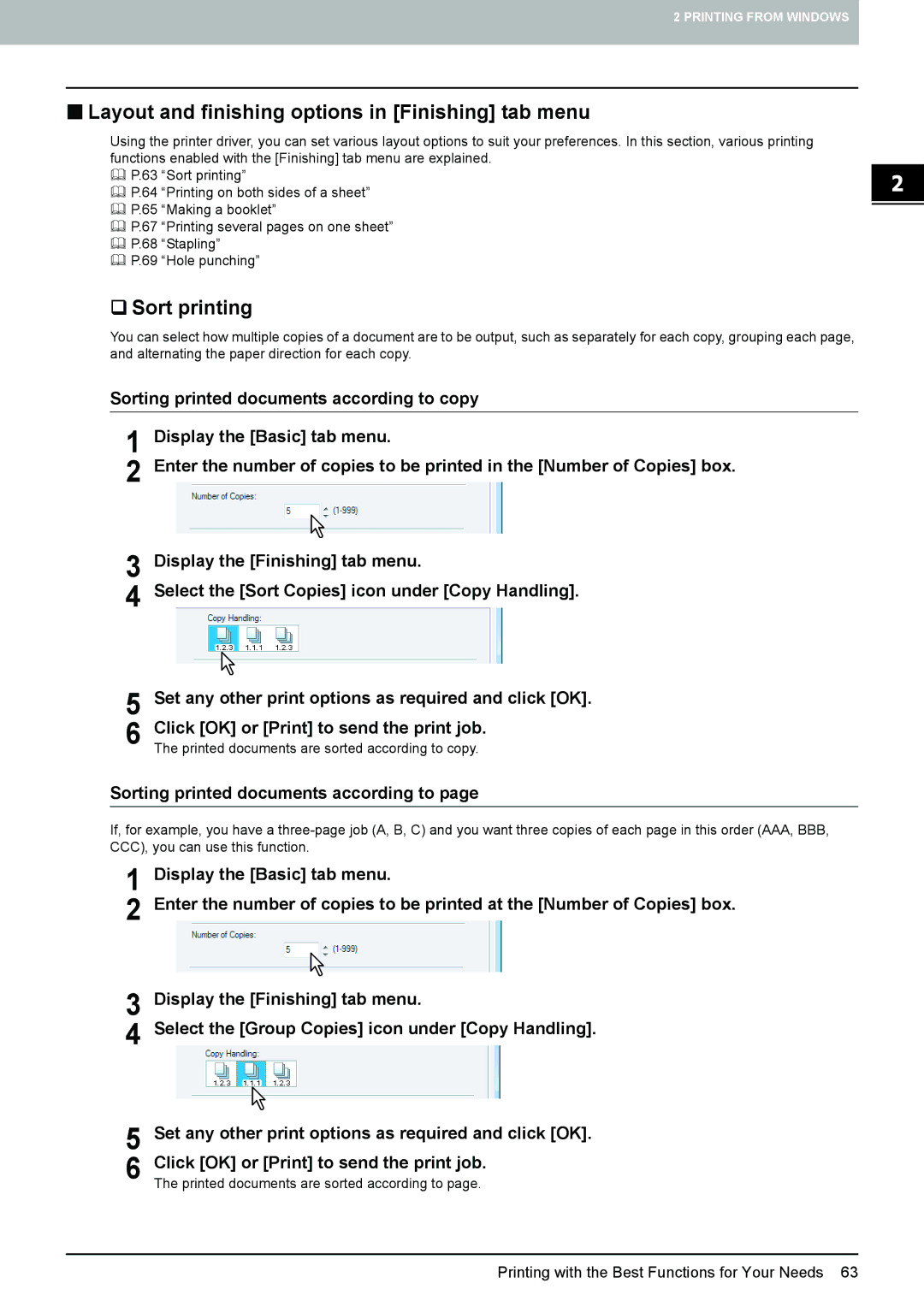 Toshiba 355 „ Layout and finishing options in Finishing tab menu, ‰ Sort printing, Sorting printed documents according to 