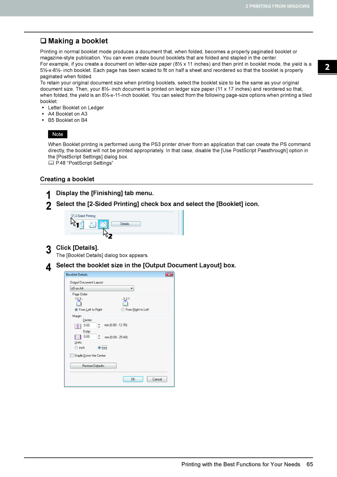 Toshiba 305, 355, 455, 255, 205L manual ‰ Making a booklet, Select the booklet size in the Output Document Layout box 