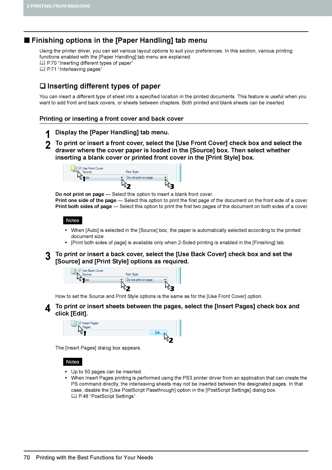 Toshiba 305, 355, 455, 255, 205L „ Finishing options in the Paper Handling tab menu, ‰ Inserting different types of paper 