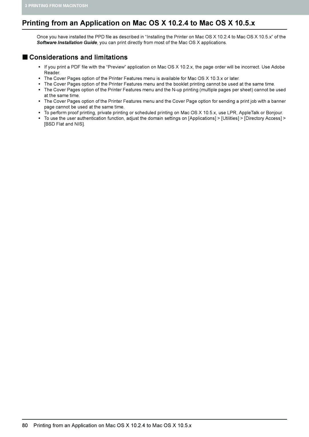 Toshiba 305, 355, 455, 255 Printing from an Application on Mac OS X 10.2.4 to Mac OS X, „ Considerations and limitations 