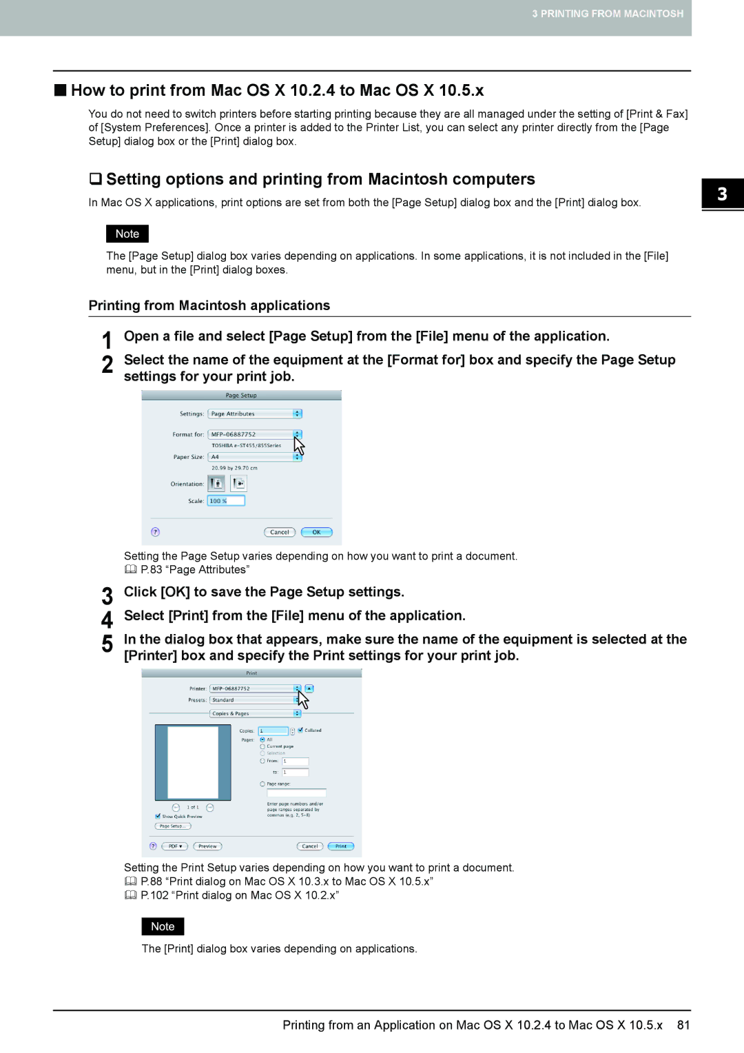 Toshiba 255, 355 „ How to print from Mac OS X 10.2.4 to Mac OS X, ‰ Setting options and printing from Macintosh computers 