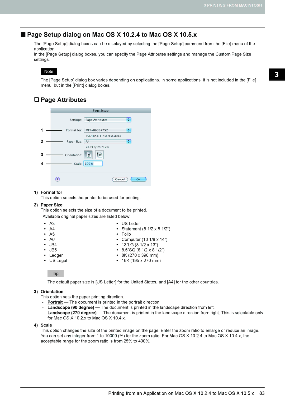 Toshiba 355, 455, 305, 255, 205L „ Page Setup dialog on Mac OS X 10.2.4 to Mac OS X, ‰ Page Attributes, Format for, Scale 