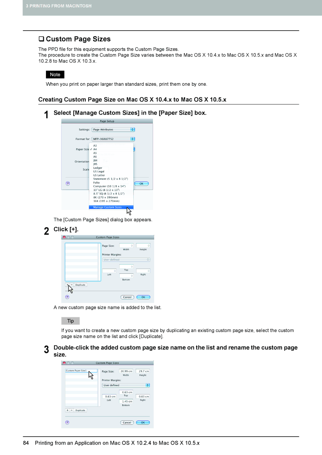 Toshiba 455, 355, 305, 255, 205L manual ‰ Custom Page Sizes, Click + 