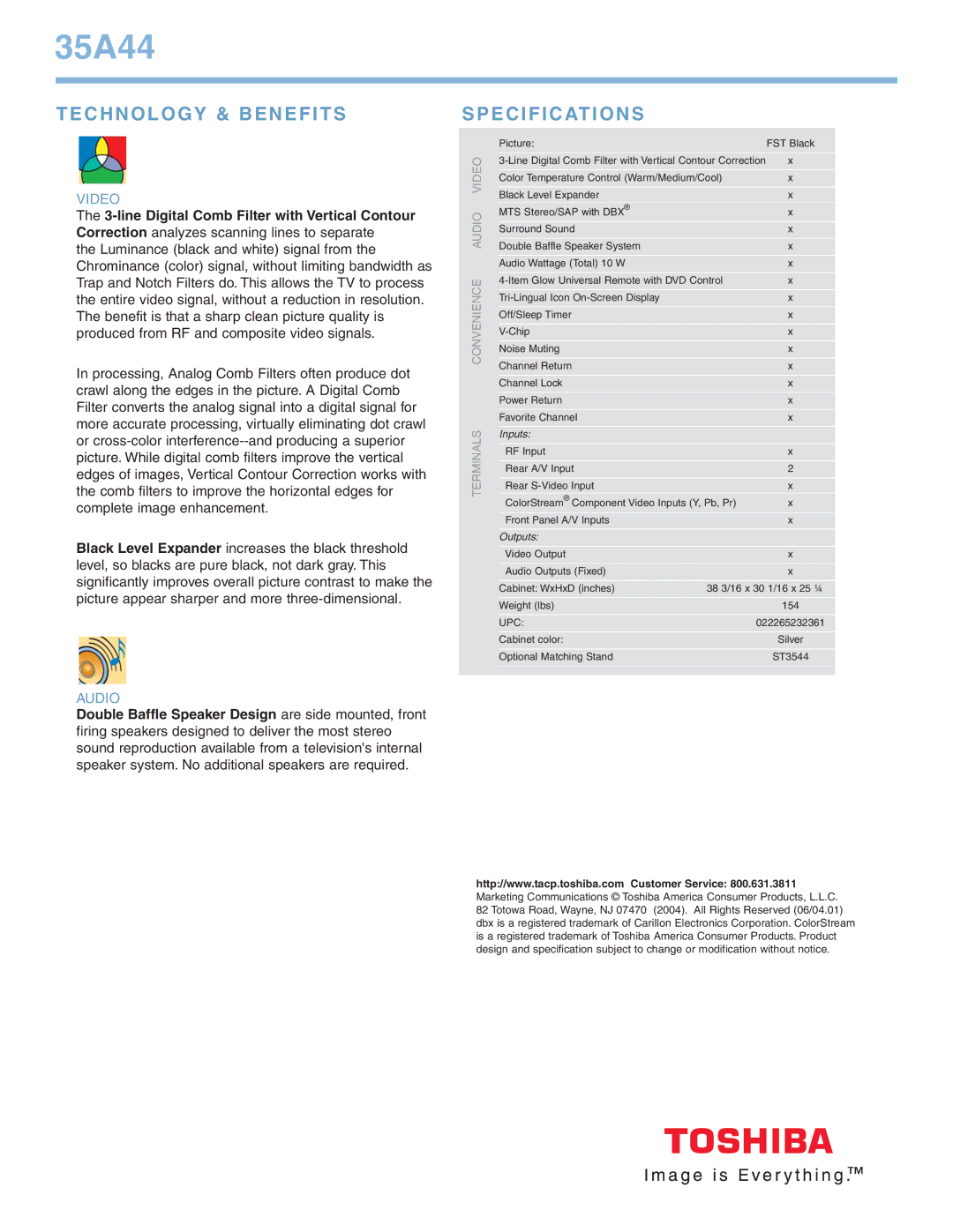 Toshiba 35A44 manual Technology & Benefits, Specifications, Inputs, Outputs 