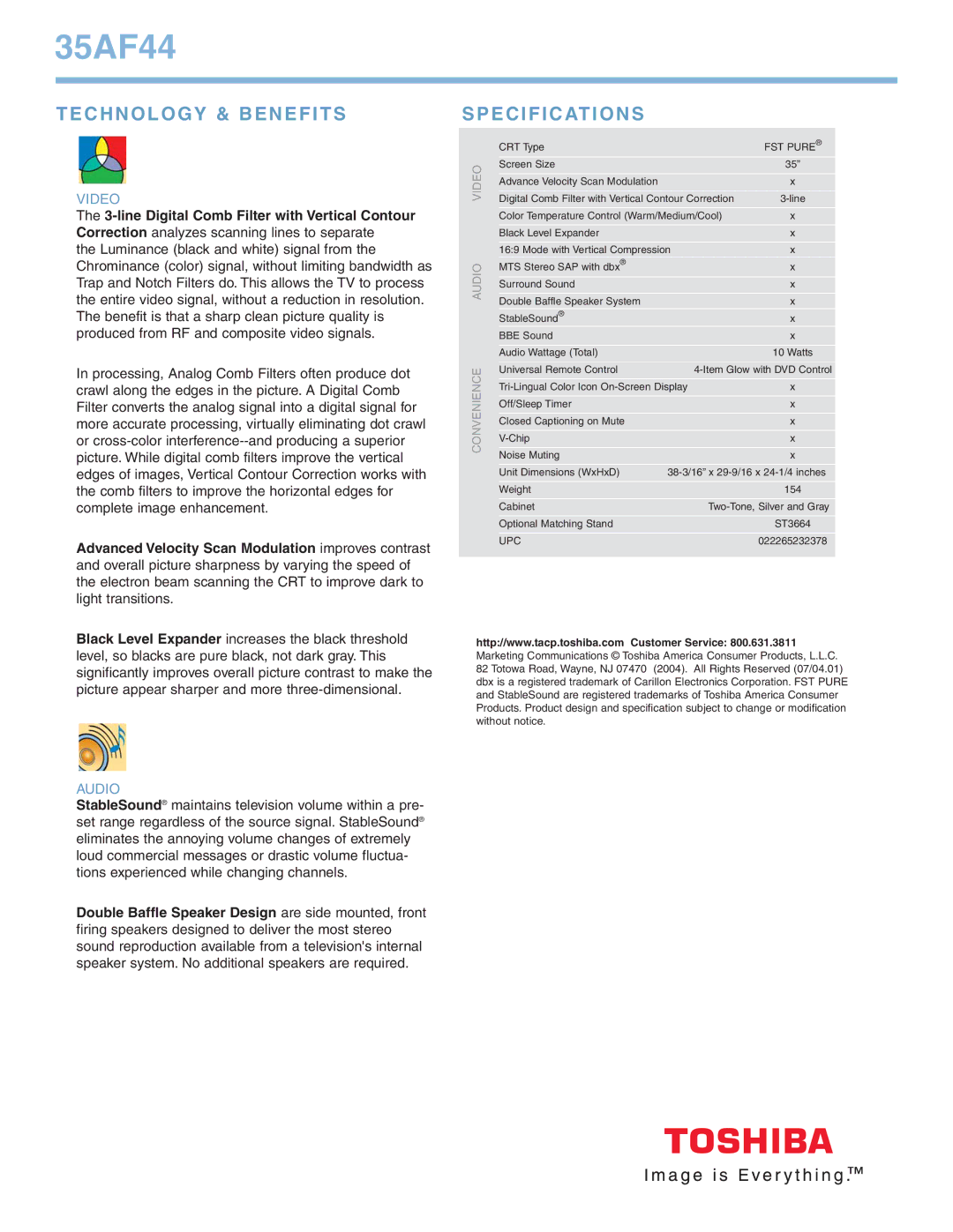 Toshiba 35AF44 manual Technology & Benefits, Specifications, Video, Audio 
