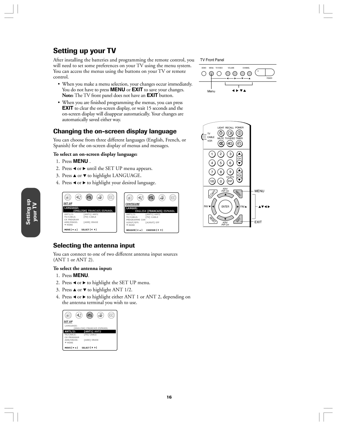 Toshiba 36AF12 Changing the on-screen display language, Selecting the antenna input, To select the antenna input 