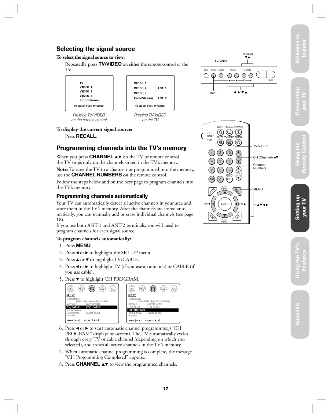 Toshiba 36AF12 Selecting the signal source, Programming channels into the TV’s memory, Programming channels automatically 