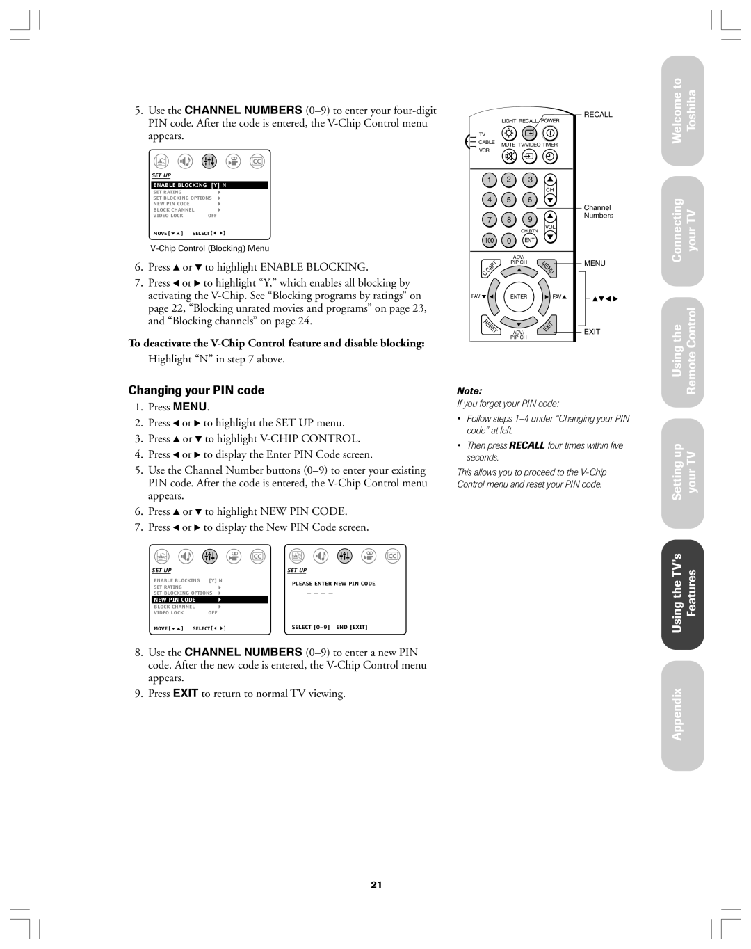 Toshiba 36AF12 owner manual Changing your PIN code, Highlight N in above 