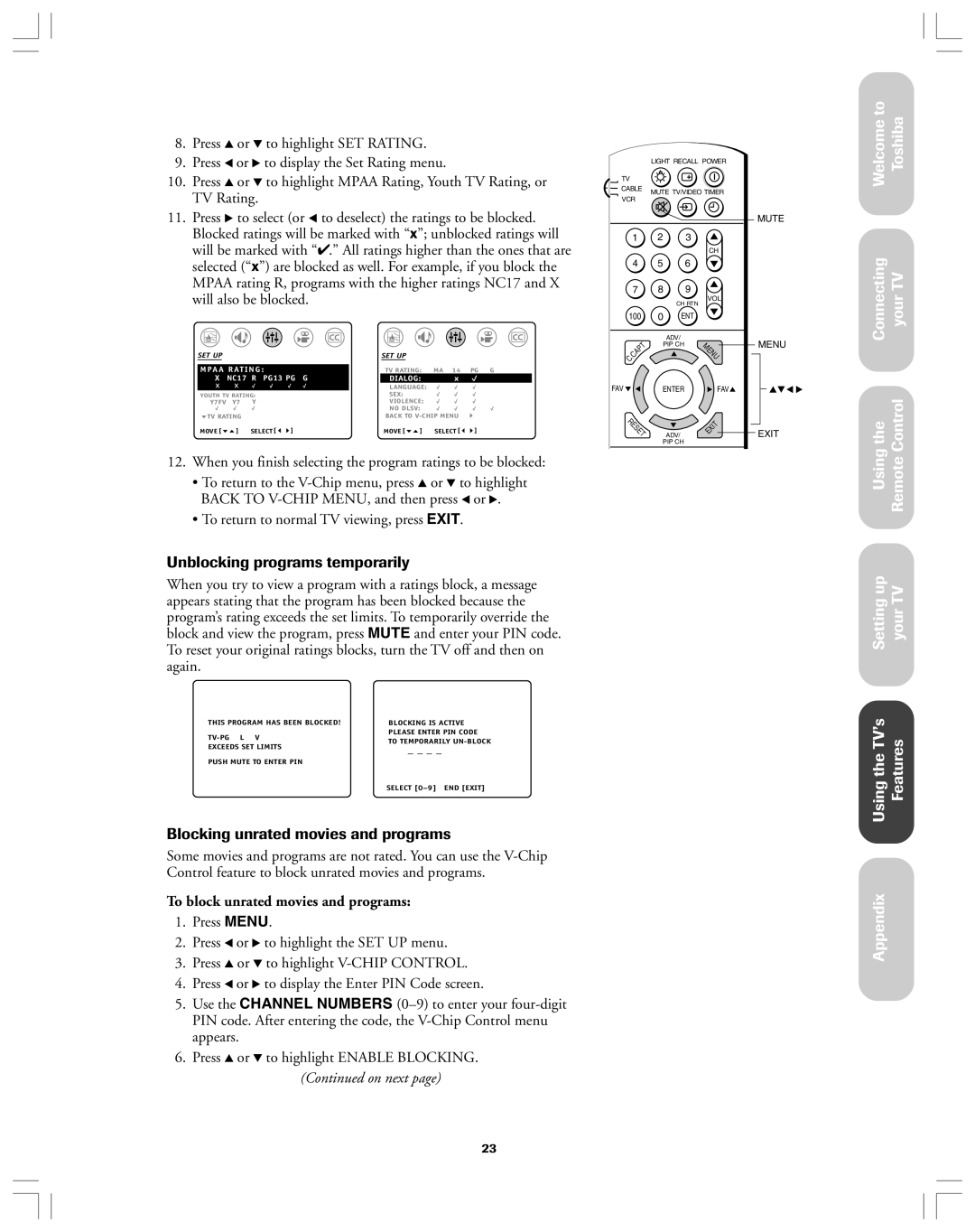 Toshiba 36AF12 Unblocking programs temporarily, Blocking unrated movies and programs, To block unrated movies and programs 