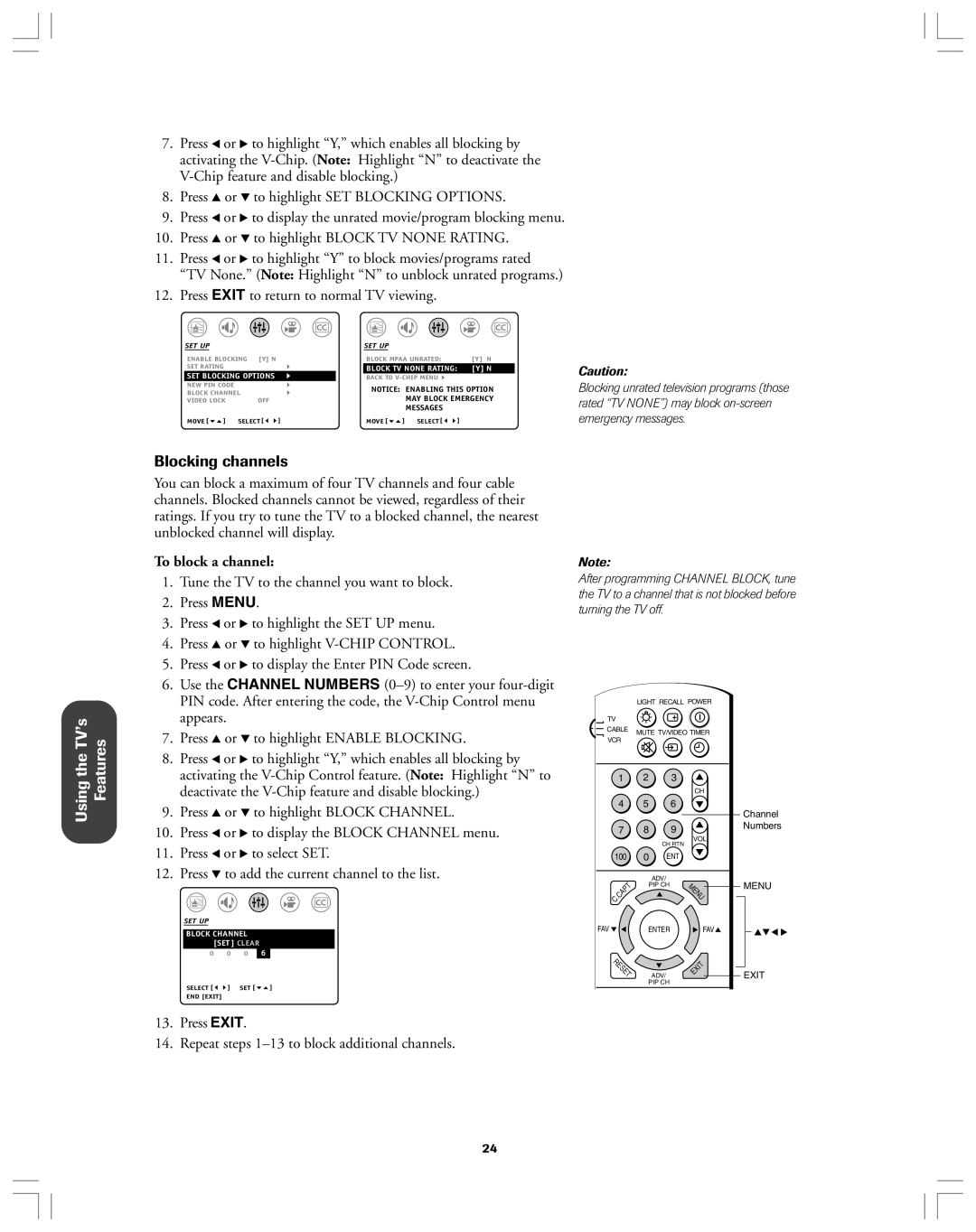 Toshiba 36AF12 Blocking channels, To block a channel, Press Exit Repeat steps 1-13 to block additional channels 