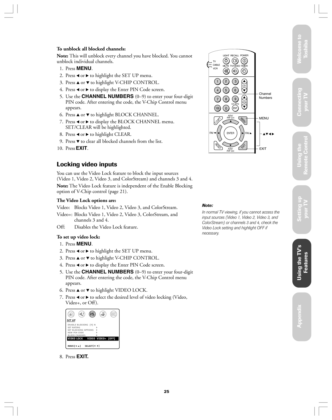 Toshiba 36AF12 Locking video inputs, To unblock all blocked channels, Video Lock options are, To set up video lock 