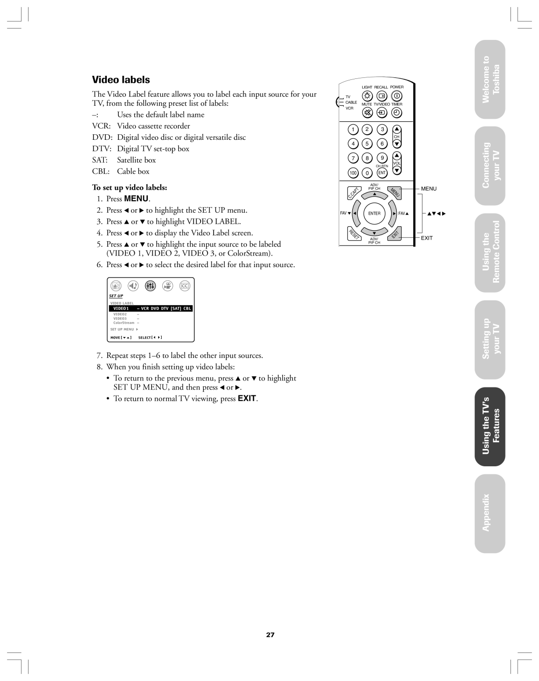 Toshiba 36AF12 owner manual Video labels, To set up video labels 