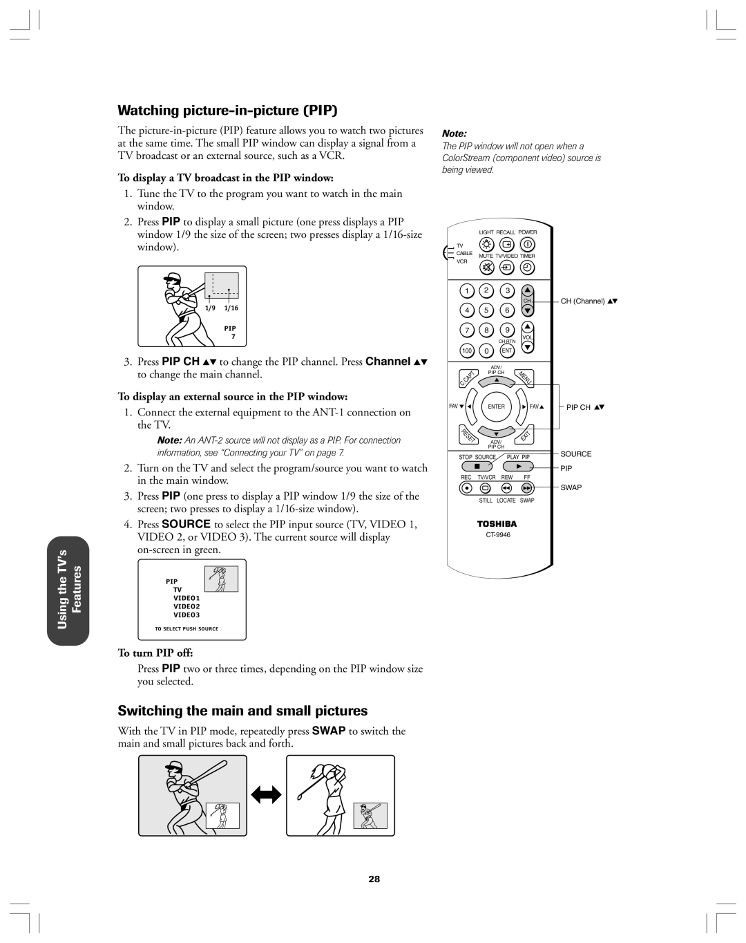 Toshiba 36AF12 owner manual Watching picture-in-picture PIP, Switching the main and small pictures, To turn PIP off 