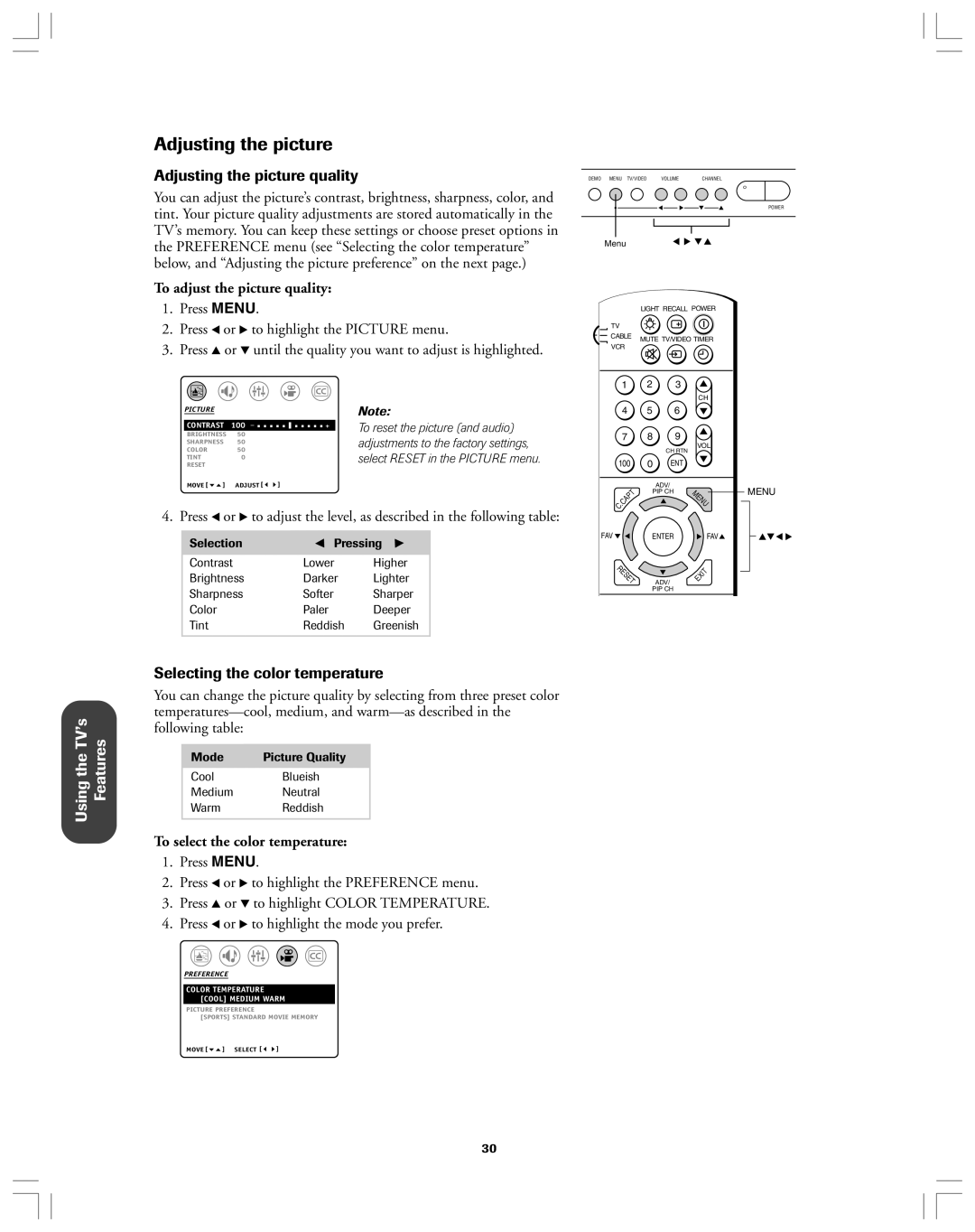 Toshiba 36AF12 Adjusting the picture quality, Selecting the color temperature, To adjust the picture quality 