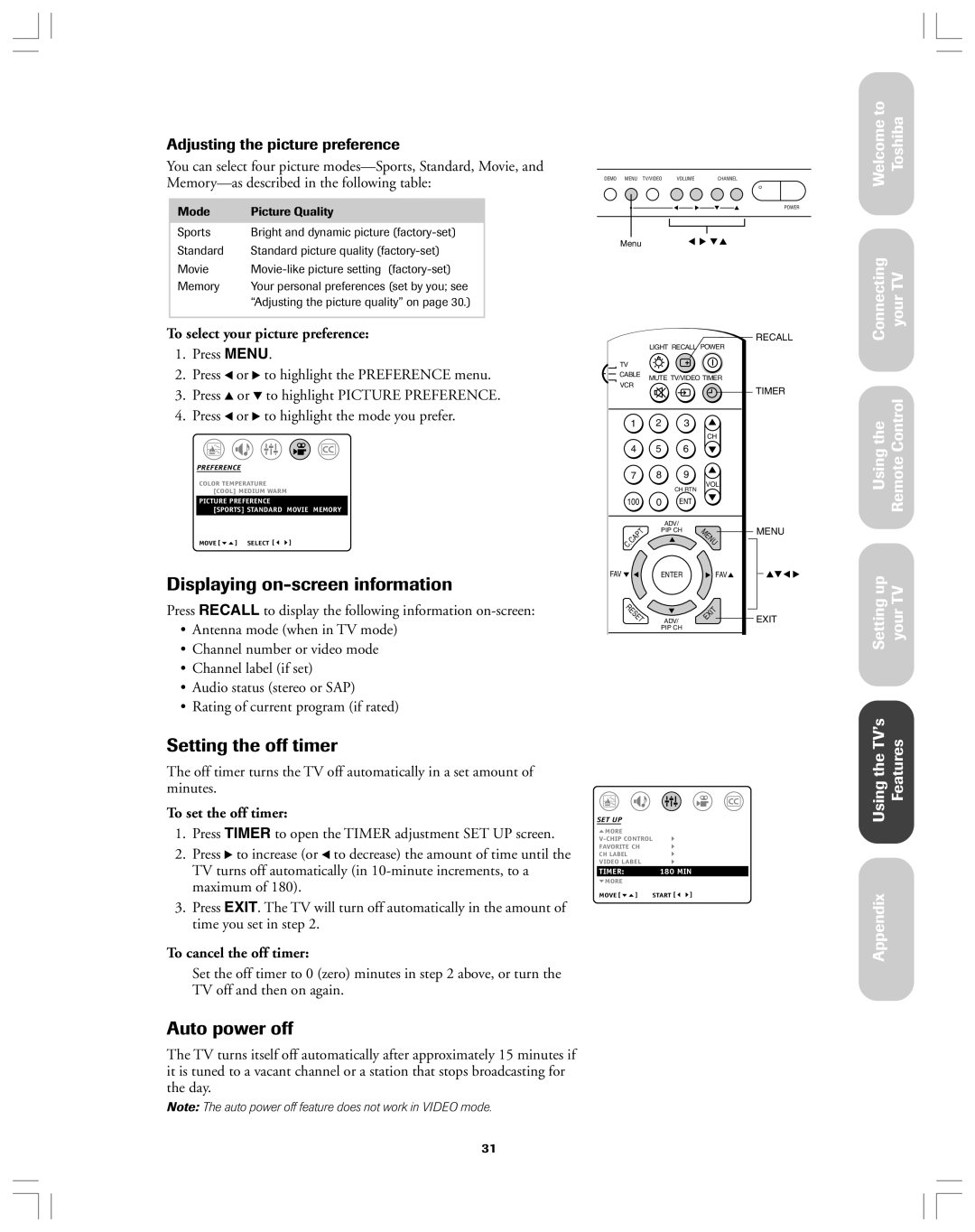 Toshiba 36AF12 Displaying on-screen information, Setting the off timer, Auto power off, Adjusting the picture preference 