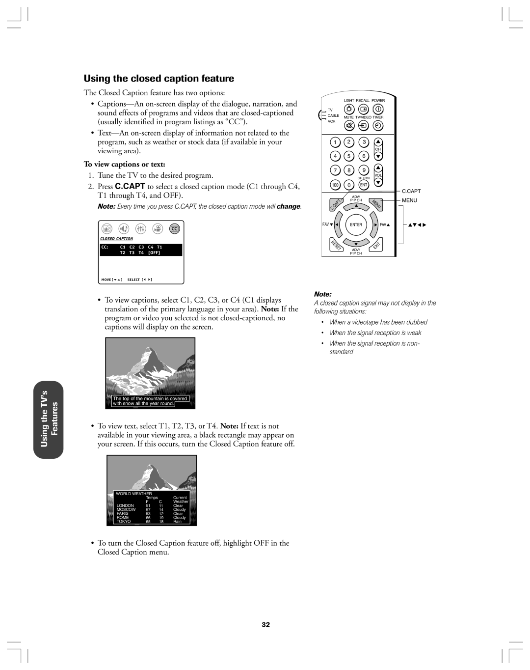 Toshiba 36AF12 Using the closed caption feature, Closed Caption feature has two options, To view captions or text 