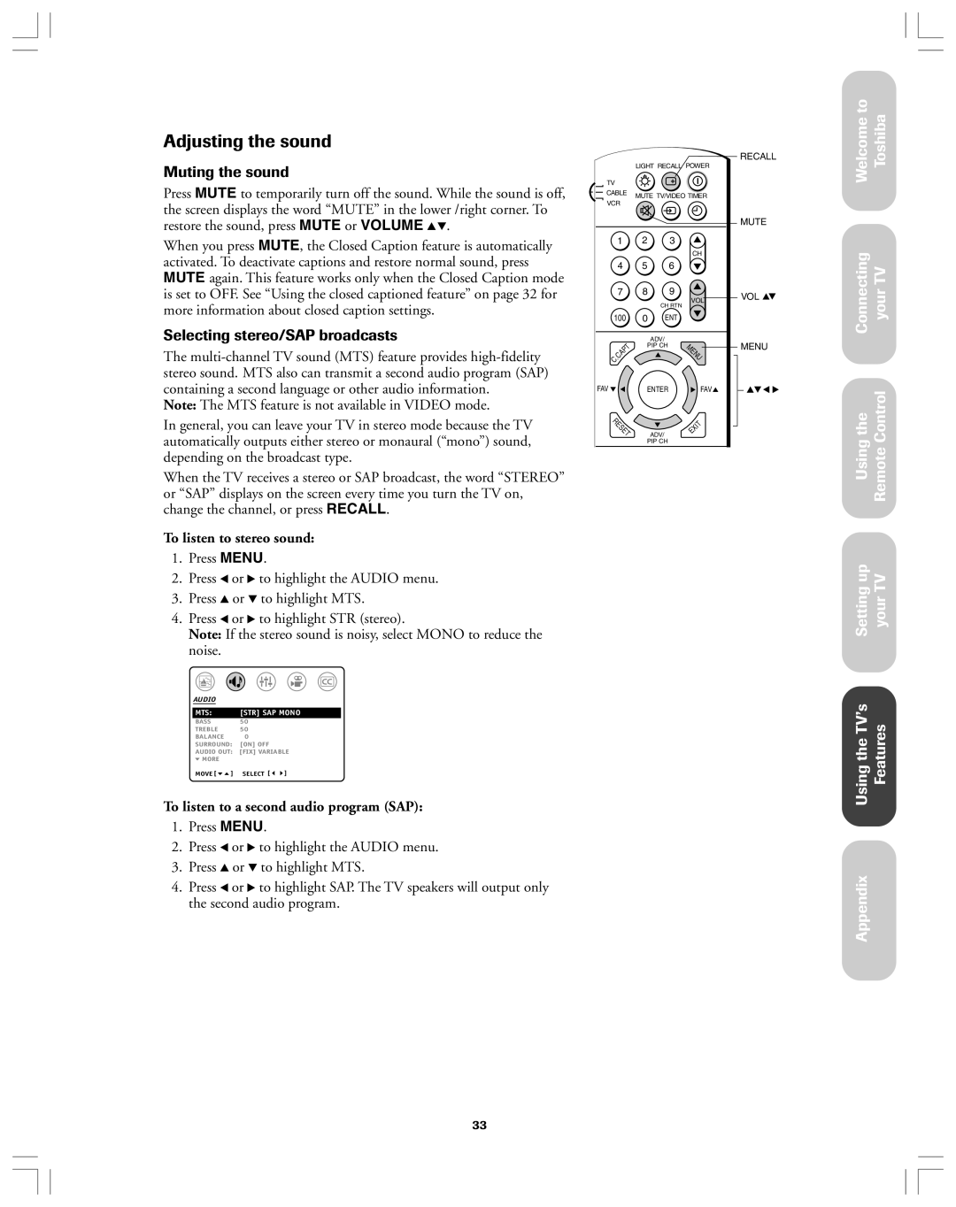 Toshiba 36AF12 Adjusting the sound, Muting the sound, Selecting stereo/SAP broadcasts, To listen to stereo sound 