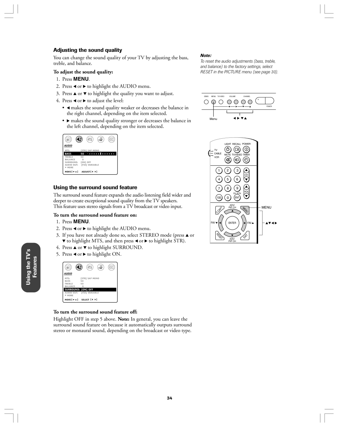 Toshiba 36AF12 owner manual Adjusting the sound quality, Using the surround sound feature, To adjust the sound quality 