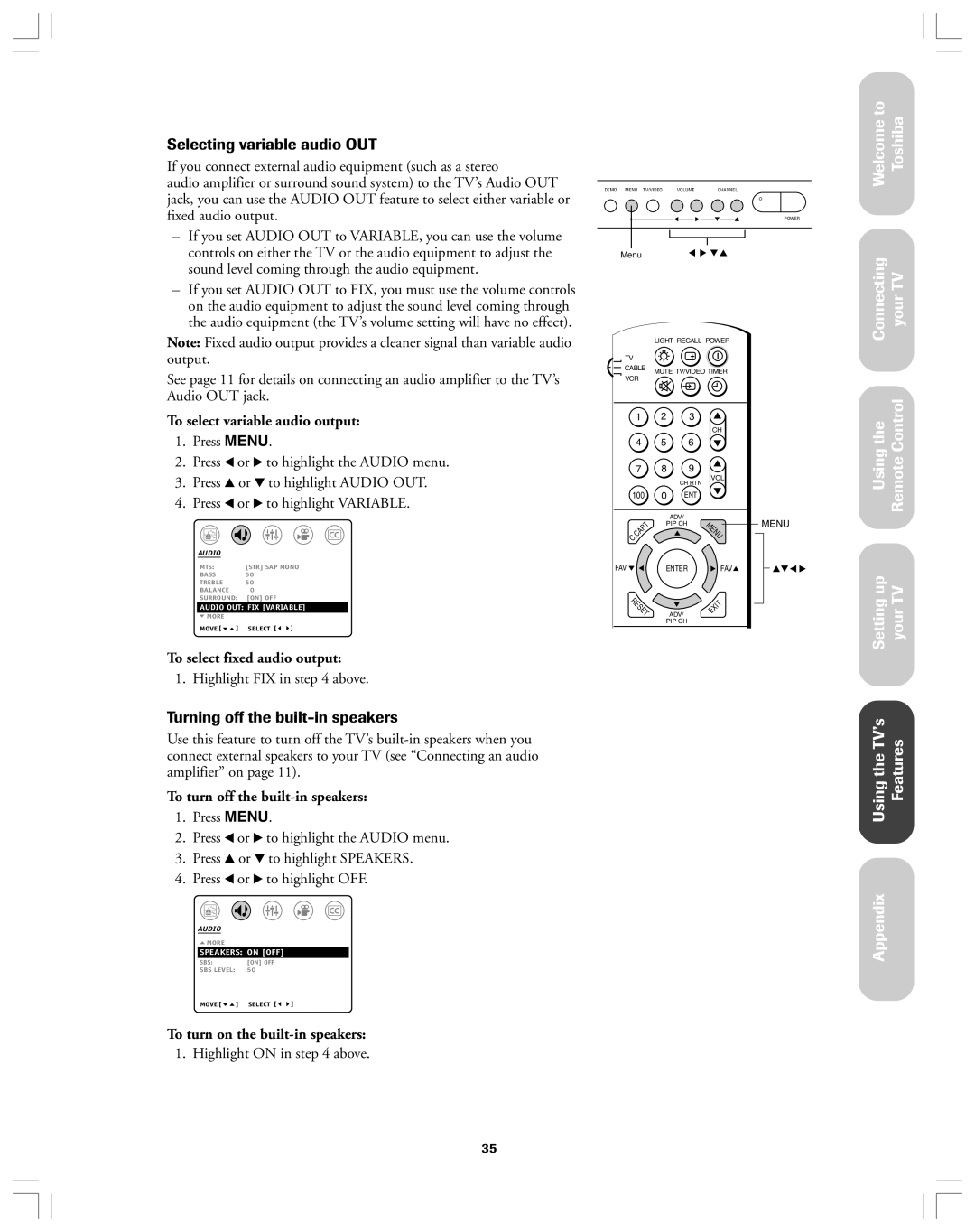 Toshiba 36AF12 owner manual Selecting variable audio OUT, Turning off the built-in speakers 