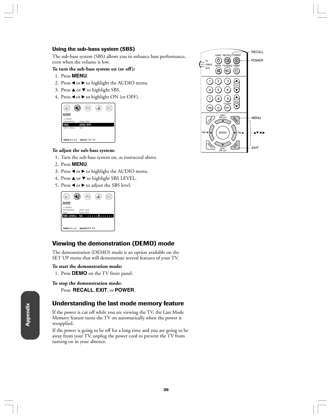 Toshiba 36AF12 owner manual Viewing the demonstration Demo mode, Understanding the last mode memory feature 