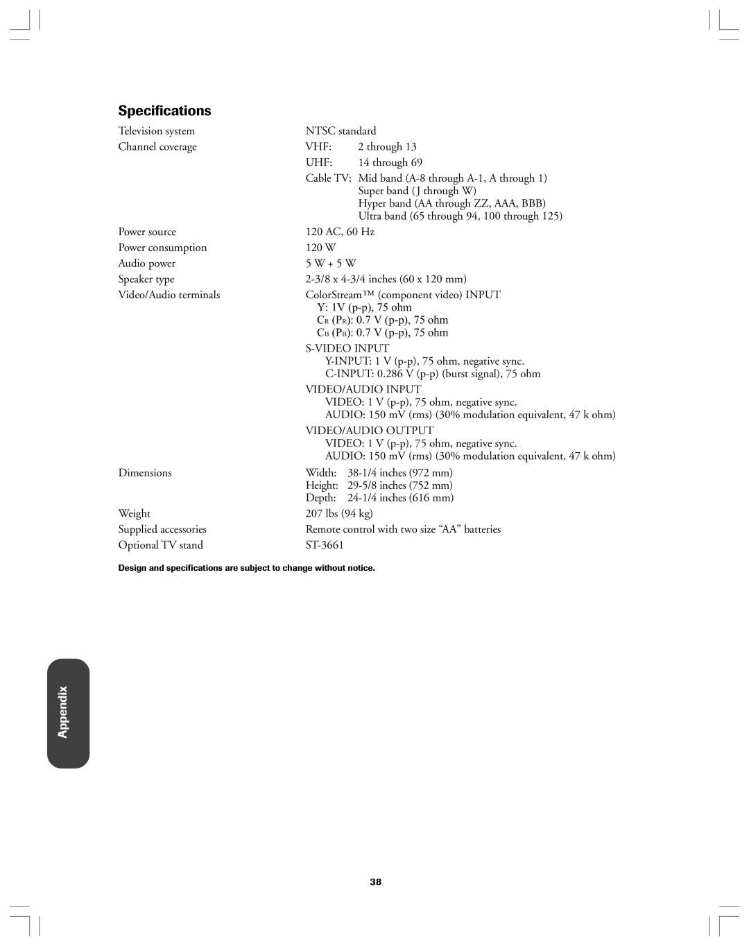 Toshiba 36AF12 owner manual Specifications 